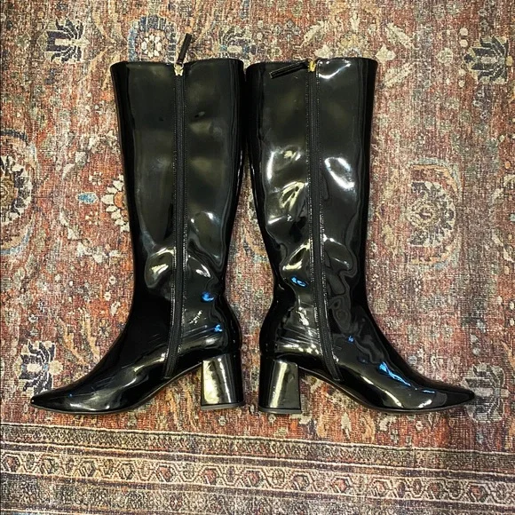 SVEGAN Black Patent Faux Leather Knee-High Boots. Block Heel. Size 38. Size Zip. - Picture 5 of 12